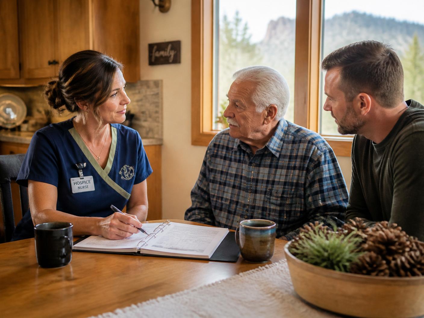 Hospice nurse reviewing a care plan with a patient and his son at a kitchen table