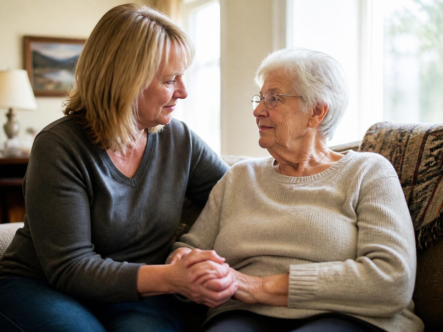 Adult daughter gently holding her elderly mother's hand in a bright living room