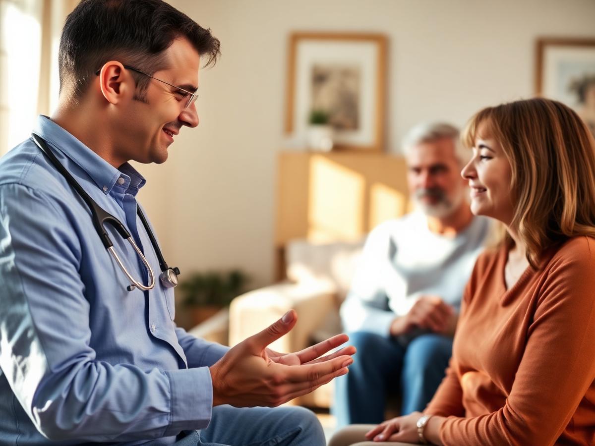 Local hospice physician speaking gently with a family in a warm living room